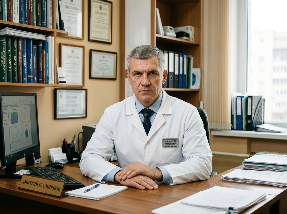 Врач-нарколог Смирнов Дмитрий Константинович — портрет мужчины 50 лет, строгий авторитетный вид, белый халат, медицинский кабинет